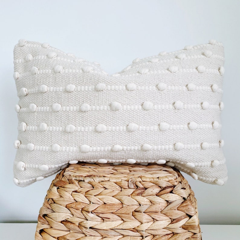 Neutral Lumbar Pillow Pom Pom Pillow Boho Throw Pillow Etsy