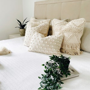 May include: A white bed with a white headboard and three white throw pillows with a textured surface. A small green plant is in the foreground.