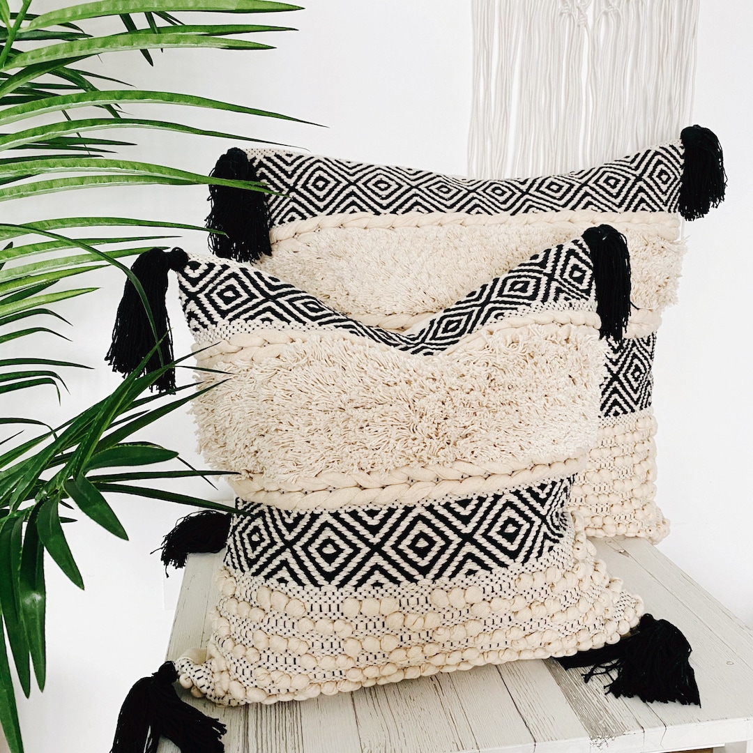 Boho Throw Pillow Cover, Bohemian Pillow With Tassels, Black & Cream