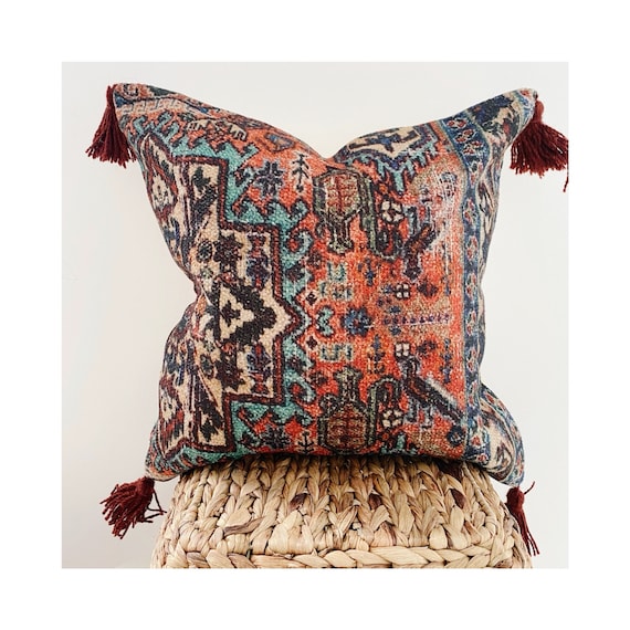 Peach Gray Tribal Corner Tasseled Lumbar Pillow Peach Gray Tribal Corner Tasseled Lumbar Pillow