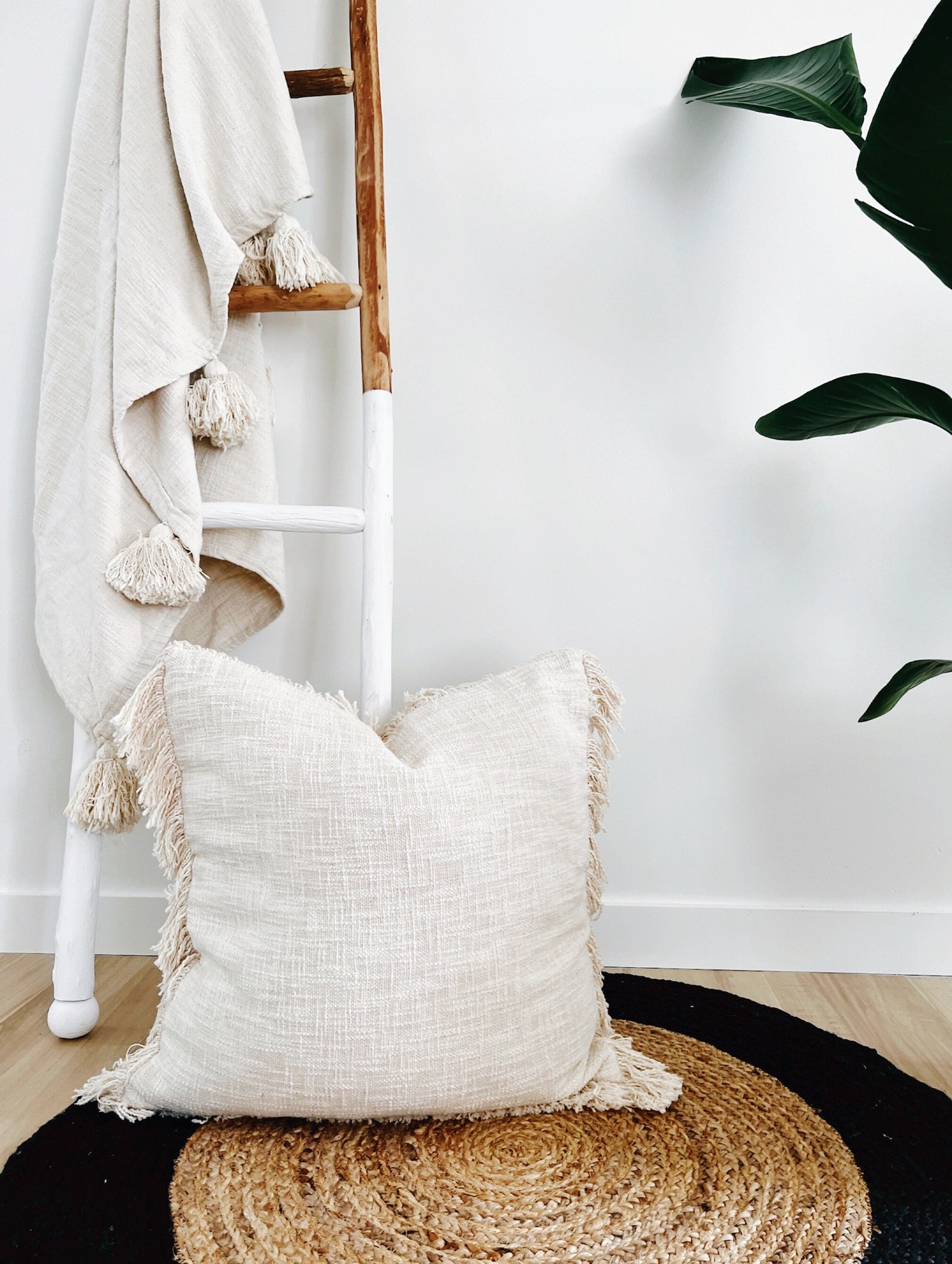 Large Neutral Farmhouse Pillow With Fringes Oatmeal Soft Etsy