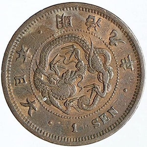 1873 I - 1891 Japanese 1 Sen Dragon Coin. Authentic Meiji Restoration Era Japan Coinage.