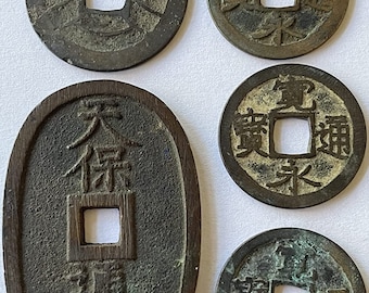 Japanese Samurai/Shogun Era Mon Coin Set From 1400 -1860. 5 Authentic Coins Including, 1, 4 and 100 Mon Coins. Japan Historic Currency