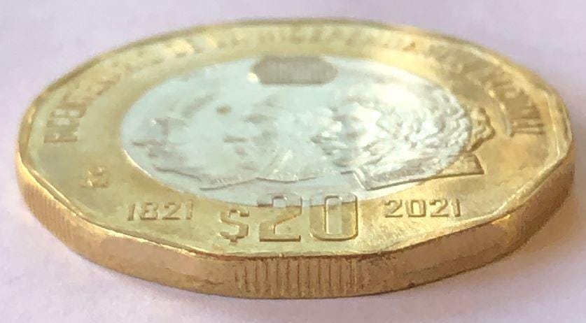 1921 年特別発行 20 ペソ硬貨。メキシコ独立 200 周年記念コイン