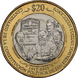 2017 Mo Mexican Bimetallic 20 Peso Coin. Constitution Centennial, &quot;Legal Triumph Of The Mexican Revolution.&quot;