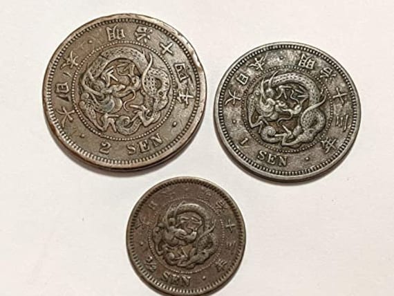 JP 3 Lot of Japanese 1/2,1,2 Sen Dragon Coins. Authentic Meiji