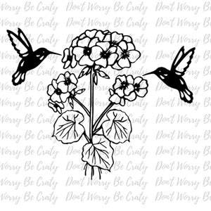 May include: A black and white line drawing of a hummingbird hovering near a cluster of flowers. The flowers have five petals each and are connected by a stem. The hummingbird has its wings spread out and its beak is extended towards the flowers.