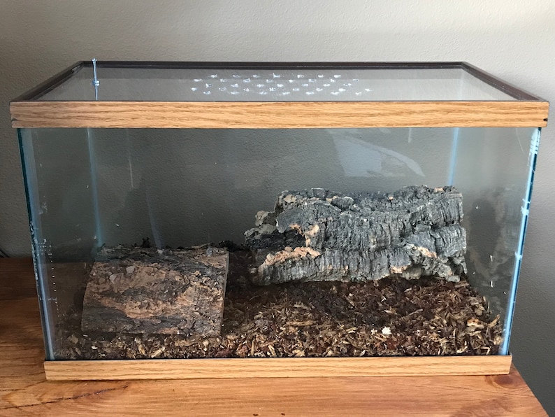 May include: A glass terrarium with a wooden frame. The terrarium is filled with brown wood chips and two pieces of bark.