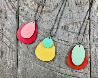 Hand Painted Wooden Teardrop Cabochon Long Necklace