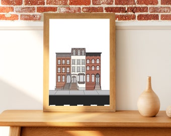Brownstone Neighborhood Print, Digital Download, NYC Print, Brooklyn Wall Art, New York City Print, Apartment Poster, New York Art