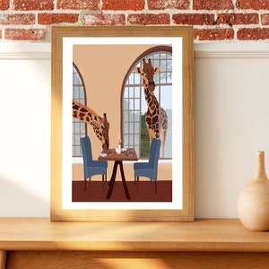 May include: A framed illustration of two giraffes, one peering through a window and the other reaching its head into a room with a table and two chairs. The giraffe in the room is eating from a plate on the table.