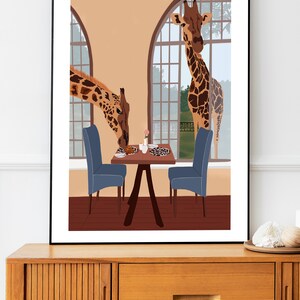 May include: Two giraffes are eating at a table with two blue chairs. The giraffes are looking at the viewer. The table is set with a plate, a cup, and a pink flower. The scene is set in a room with a large window.