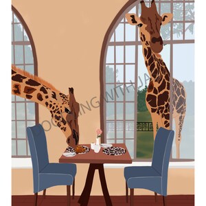 May include: Two giraffes, one peering through a window and the other reaching its head into a room with a table set for two, with a pink rose in a vase, a plate of pastries, and two cups and saucers.