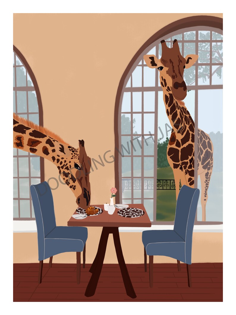 May include: Two giraffes, one peering through a window and the other reaching its head into a room with a table set for two, with a pink rose in a vase, a plate of pastries, and two cups and saucers.