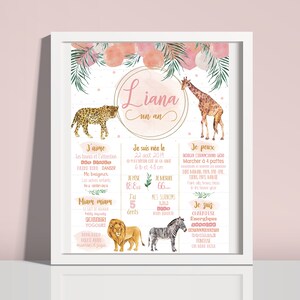 Personalised poster first birthday Girl safari model Digital file