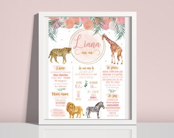 Personalised poster first birthday Girl safari model Digital file