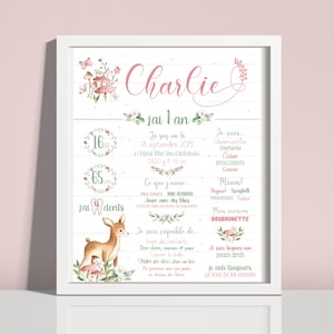 Affiche personnalisée premier anniversaire | Modèle biche et fleurs | Fichier numérique