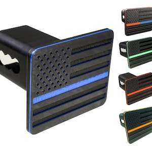 USA Flag Trailer Hitch Cover, Black with Thin Colored Line, for Public Service Heroes