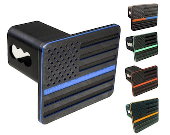 First Responder USA Flag Trailer Hitch Cover – Black Finish with Thin Colored Line