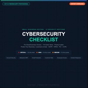 Könnte beinhalten: Eine digitale Checkliste zur Cybersicherheit für kleine Unternehmen mit 12 Sicherheitsbereichen und 174 Maßnahmen. Die Checkliste ist farbcodiert für die Priorität, mit Optionen zur Behebung von Elementen in dieser Woche, diesem Monat oder diesem Quartal. Der Text lautet "Cybersecurity Checklist".