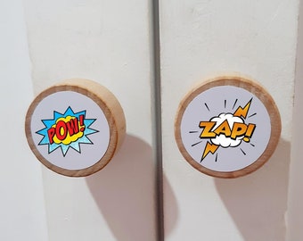 Comic Book Wooden Drawer Knobs, Superhero Decor