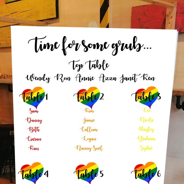 Rainbow Love Heart Table Plan Print Personalised Personalized LGBT Gay Wedding Decorations Rainbow Party PRIDE Mr and Mr Mrs and Mrs Decor