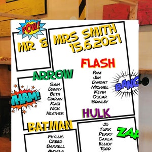 Comic Themen Hochzeit Tischplan Sitzplatz Chat Print Personalisierbar! Superhero Hochzeit, Comic Book Tischdekoration Tischkarten