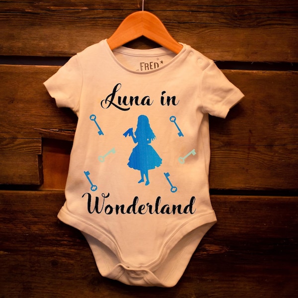 Alice in Wonderland Baby Grow Custom Personalised Personalized Fairytale Baby Clothes Newborn Childrens Clothes Mad Hatter White Rabbit