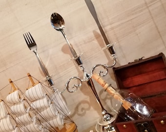Little Mermaid Silver Candelabra with Knife, Fork, Spoon Perfect for Fairytale Themed Weddings and Parties Centrepiece Candlestick Holder