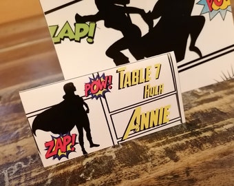 Comic Book Wedding Menu, Superhero Table Name Cards