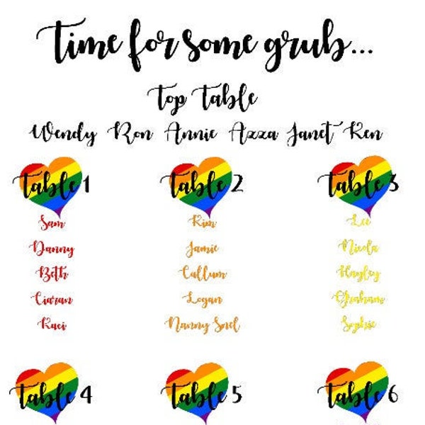 Rainbow Love Heart Table Plan Print Personalised Personalized LGBT Gay Wedding Decorations Rainbow Party PRIDE Mr and Mr Mrs and Mrs DIGITAL