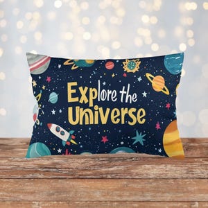 Space-Themed Plush Throw Pillow Cover – “Explore the Universe” Velvet Cushion Case (30.48x50.8 cm), Planets, Stars & Rockets Design, Cozy