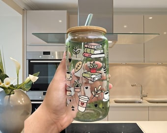 16oz Book Lover Glass Cup with Lid & Straw – Reusable Iced Coffee Tumbler – Reader Gift – Aesthetic Bookish Drinkware