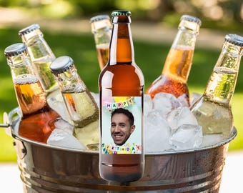 Personalized Happy Birthday Bottle Label, Custom Face Label
