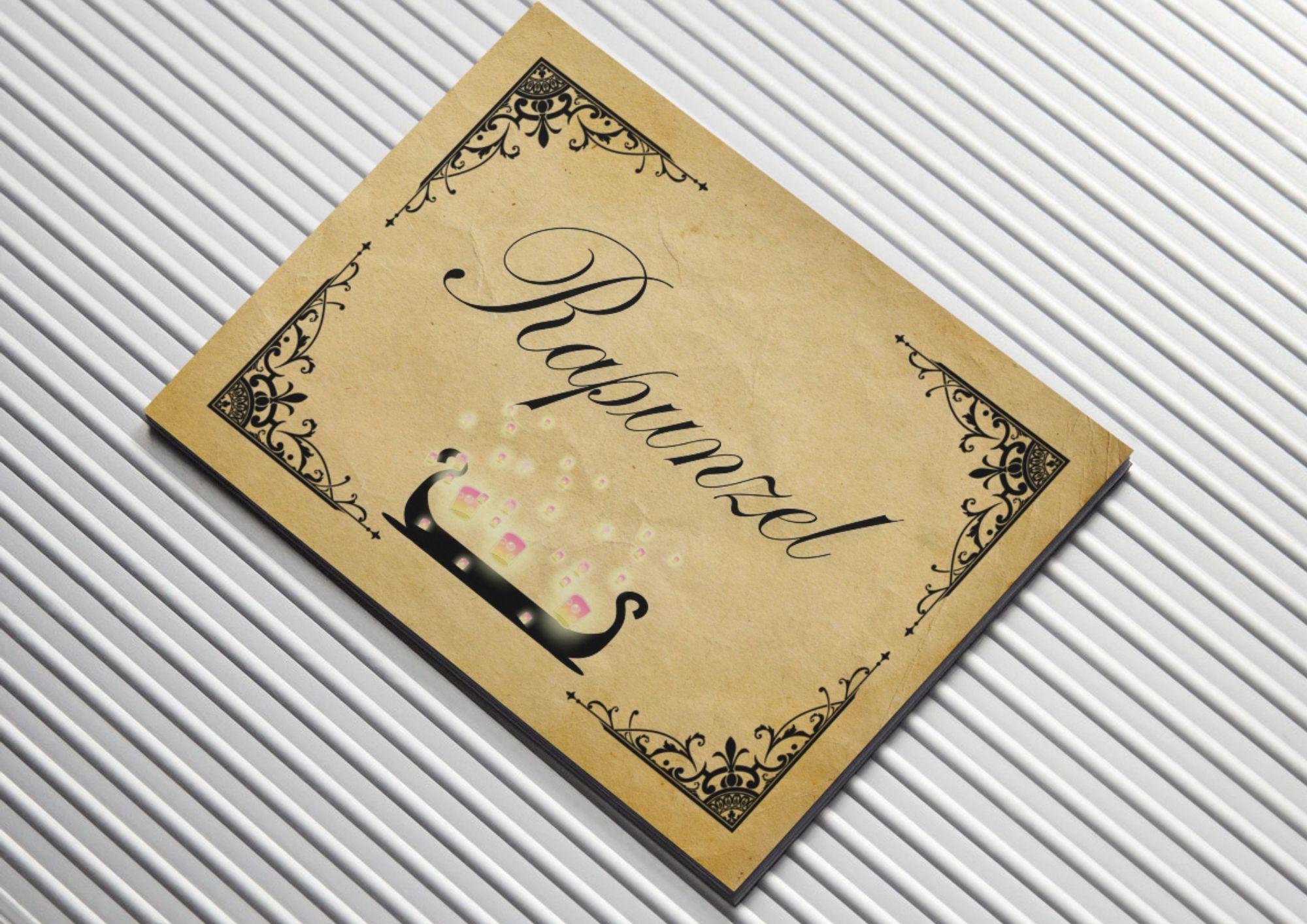 Tarjeta de nombre para mesa de boda de cuento de hadas de Rapunzel, lugar personalizado, rústico, económico, opciones de menú, comida para bodas