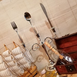 Little Mermaid Silver Candelabra with Knife, Fork, Spoon Perfect for Fairytale Themed Weddings and Parties Centrepiece Candlestick Holder