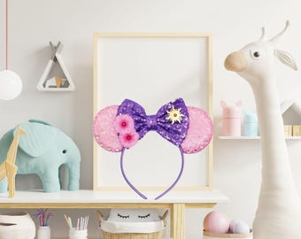 Rapunzel Mouse Ears Headband, Sequin Bow, Flower Girl Costume