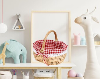 Vintage Willow Wicker Basket, Red Checkered Liner, Lace Trim