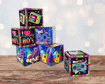 80s Retro Party Boxes – Neon Paper Storage Cubes, Set of 6