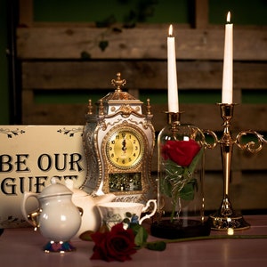 Beauty and the Beast Centrepiece Clock, Gold Candelabra,Teapot,Tea Cup,Rose Dome, Sugar Pot,Rose Petals,Single Rose,Sign Fairytale Wedding