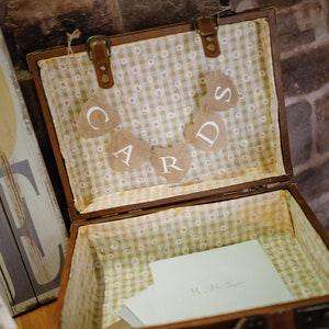 Toile de jute « CARDS » vintage Jute toile de jute coeurs mariage rustique banderoles bannière signe cadeau Valise de table décoration de mariage mariages bohèmes