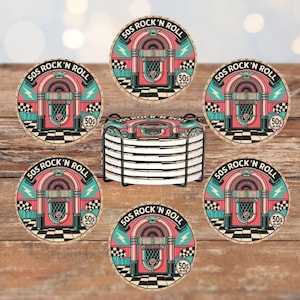 Sottobicchieri di compleanno Rock'n'Roll anni '50, ricordo personalizzato, set da 6