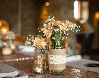 Wedding Jars Hessian Wrap Perfect for Flowers, Candles or Lights. Small, Medium & Large Jars Centrepiece Fairytale Rustic Boho Wedding