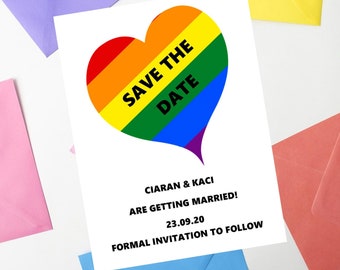 Love Heart Save The Date Birthday Wedding Invites Invitations Personalised Personalized Perfect for Gay Lesbian Weddings Rainbow Themed