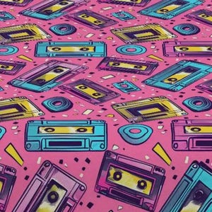 Retro tafelloper met cassettebandje – kleurrijk polyester feestdecor, wasbaar cartoonontwerp voor keuken, eettafel, thuis, evenementen
