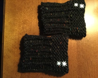 Boot cuff Toppers with Snowflake accent.  Knitted Crochet  Brown Cambridge Tweed