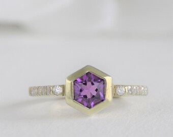 Hexagonal solitaire engagement ring, Hexagonal amethyst set bezel ring with moissanite half-band for proposal, 14k solid gold ring - 5.5g