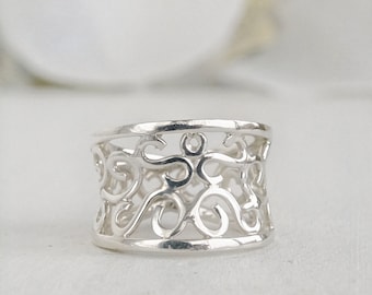 Handmade Wide 950 Silver Filigree Ring, Openwork Design, Bridal ring