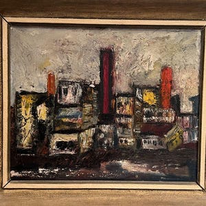 Pintura al óleo de paisaje urbano abstracto, enmarcada, colorida