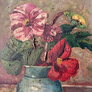 Ebi -  signed original rare antique - original floral vintage painting flower in vase oil on board. Old master.